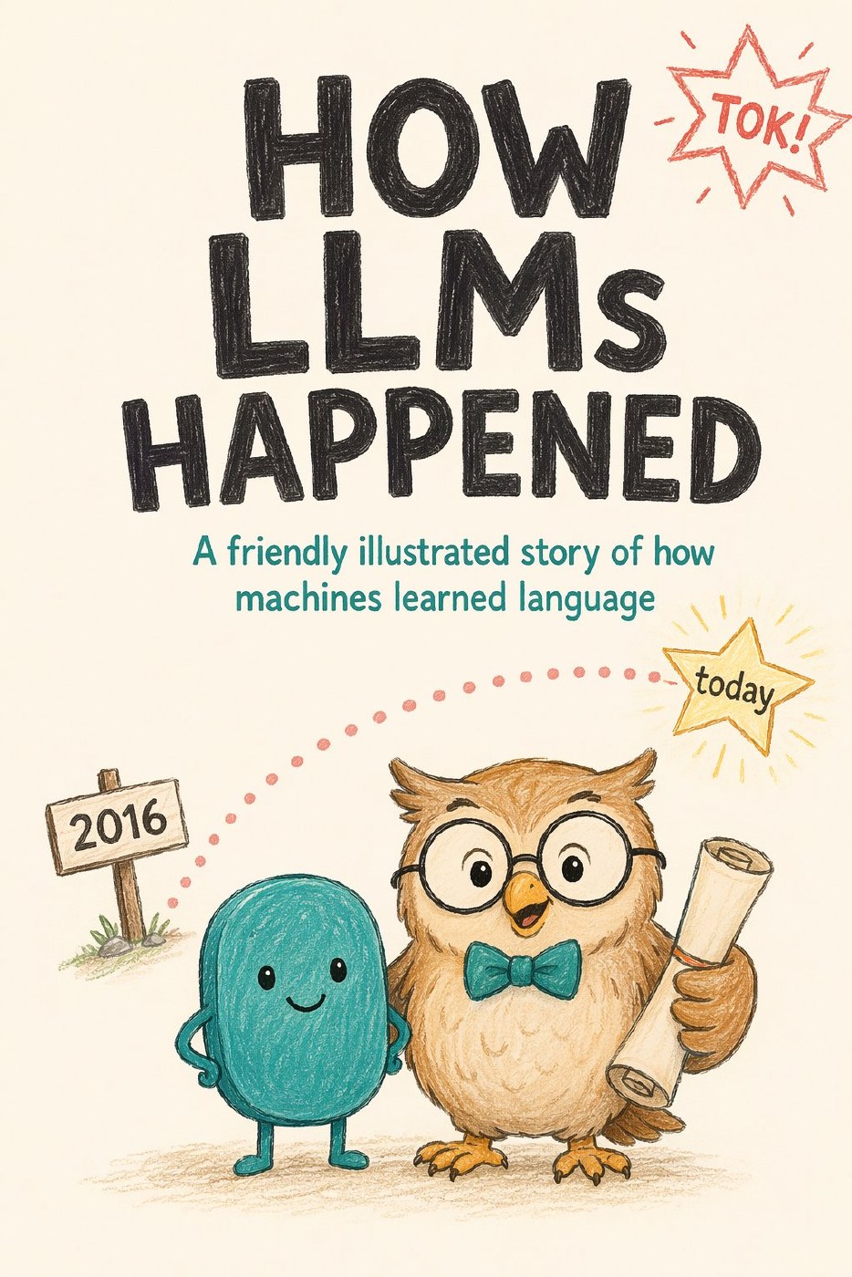 Cover of How LLMs Happened: Tok the token and Professor Atlas on a timeline from 2016 to today.