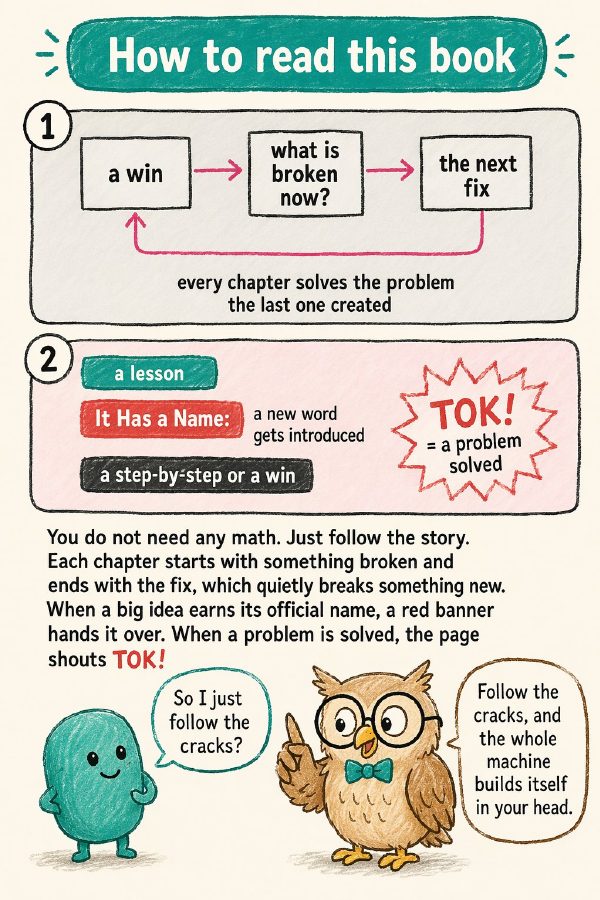 Book page explaining how to read the book: every chapter solves the problem the last one created.