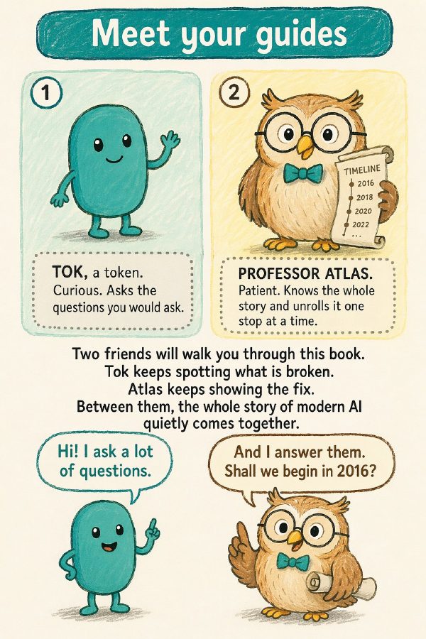 Book page introducing the two guides: Tok, a curious teal token, and Professor Atlas, a patient owl.