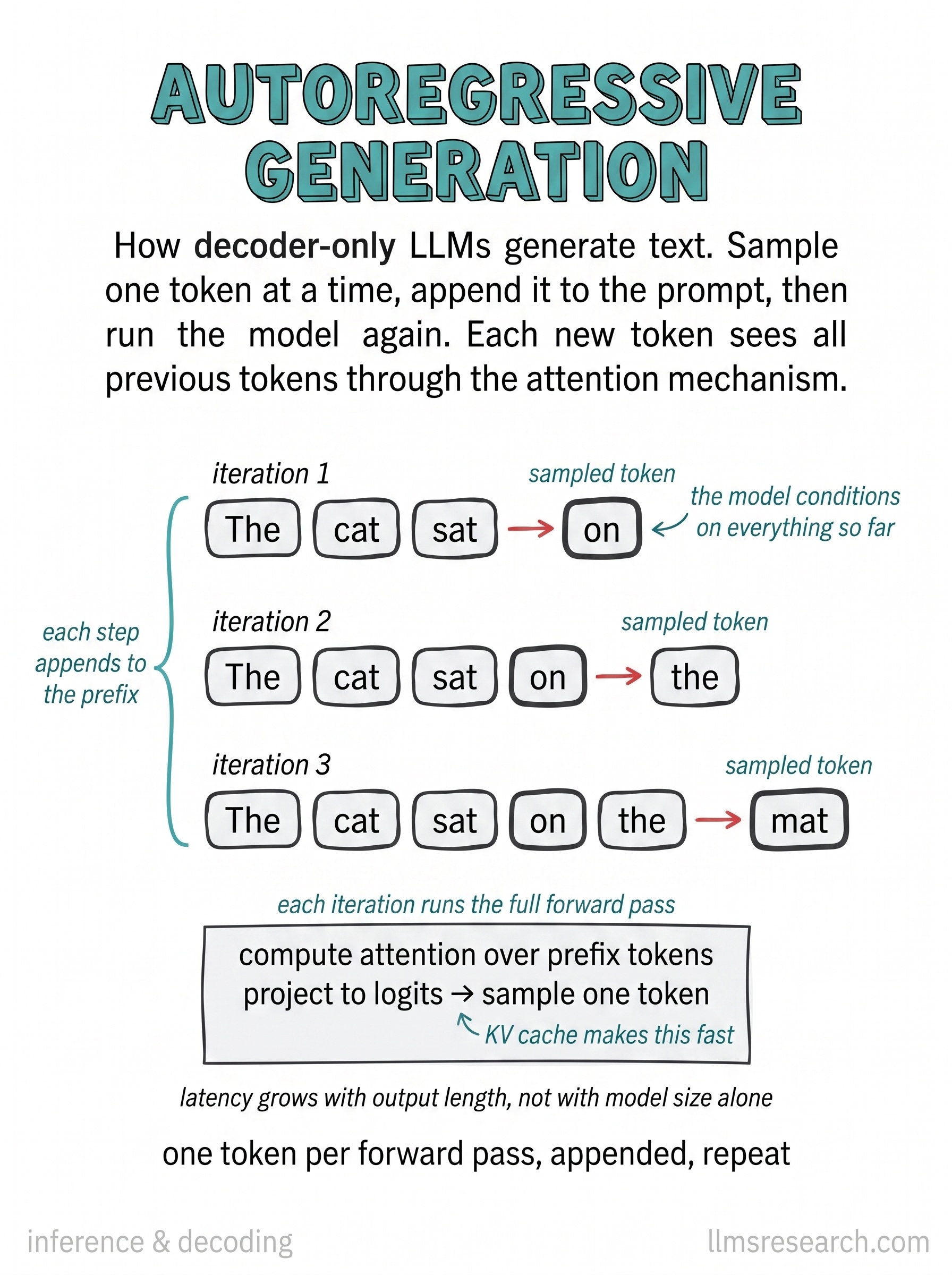 Decoder-only models generate text one token at a time, appending each sampled token to the input and running again. The KV cache keeps this affordable.