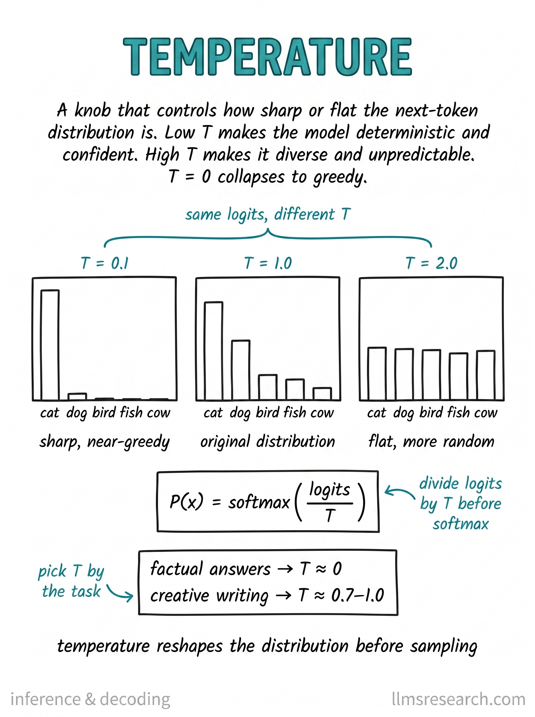 Temperature divides logits before softmax. Low temperature sharpens the distribution toward the most likely token, while high temperature flattens it and makes sampling more variable.