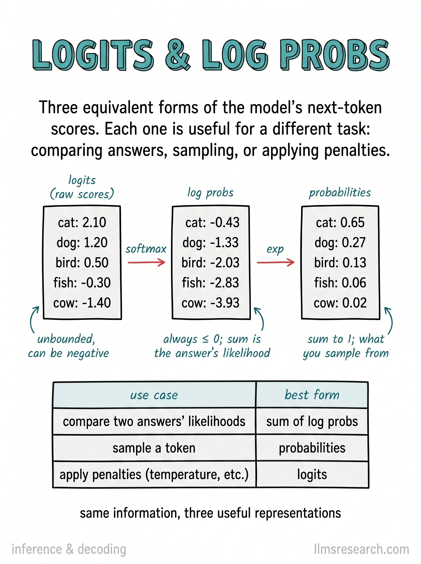The model's next-token scores can be read as logits, log probabilities, or probabilities. They carry the same information, but each form is useful at a different step of decoding.