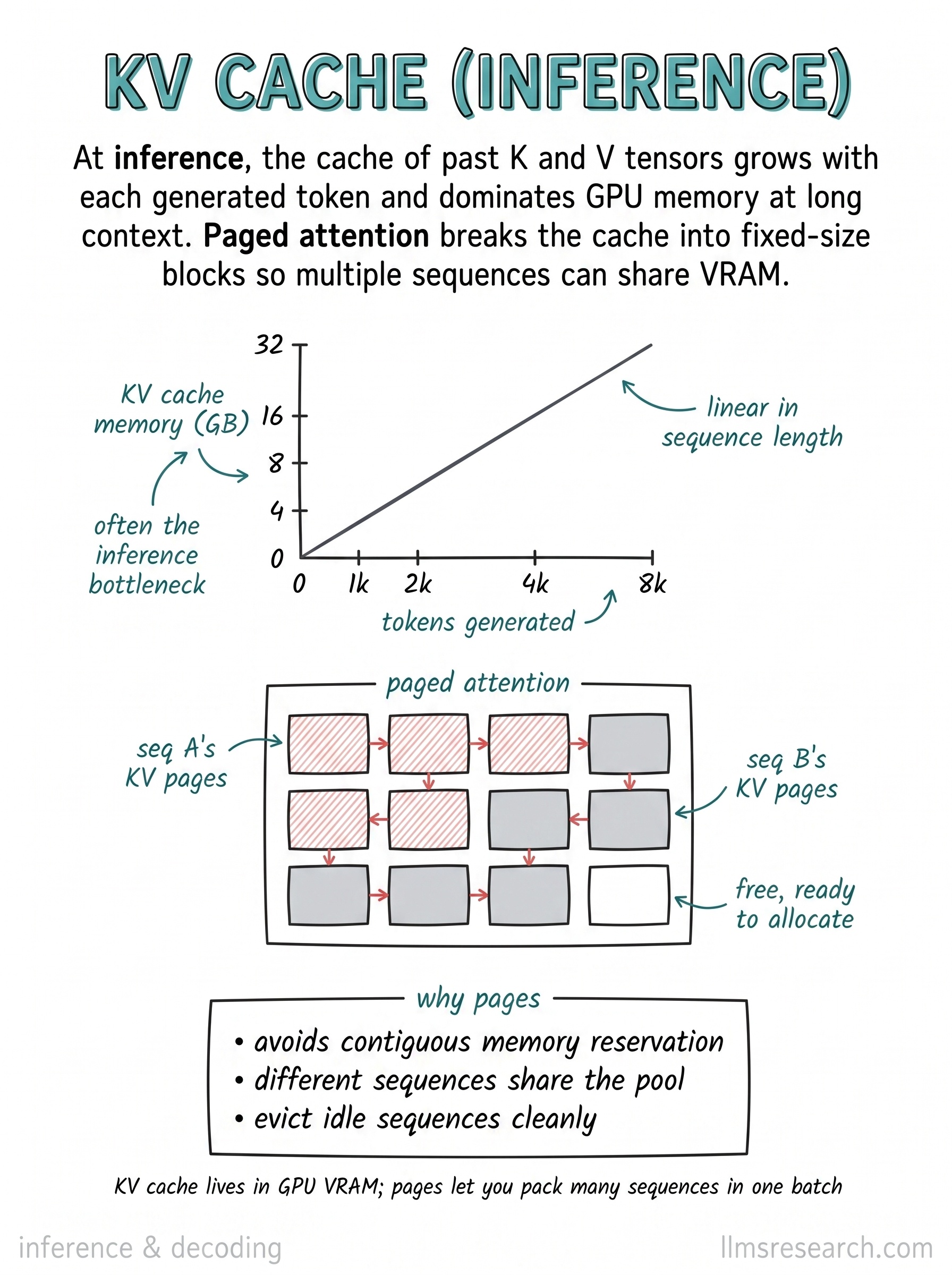 At serving time, the KV cache grows with generated sequence length and can dominate GPU memory. Paged attention stores cache blocks in fixed-size pages so batches pack into VRAM more efficiently.