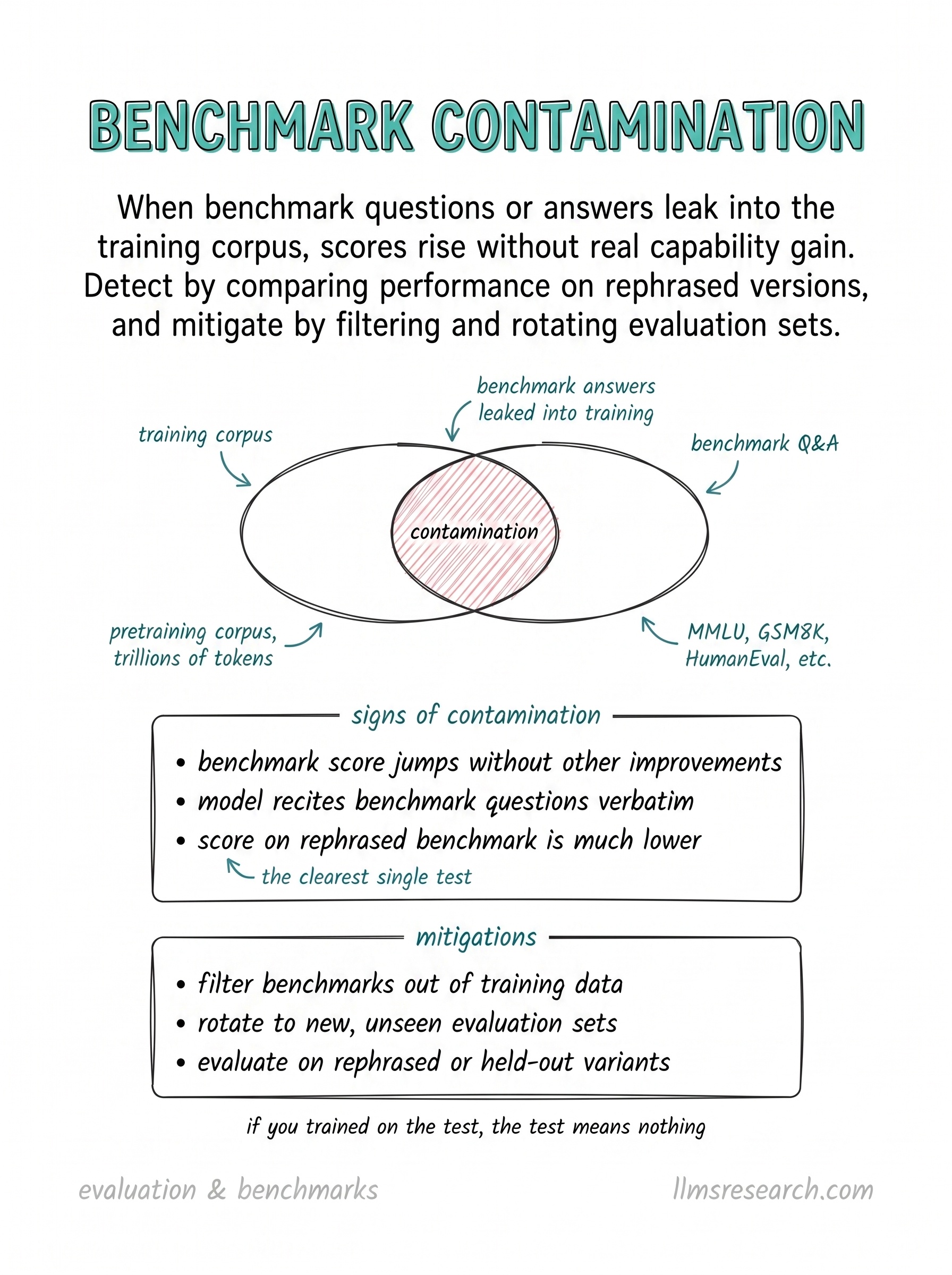 When benchmark questions or answers leak into the training corpus, scores rise without real capability gain. Detect by comparing performance on rephrased versions; mitigate by filtering and rotating evaluation sets.