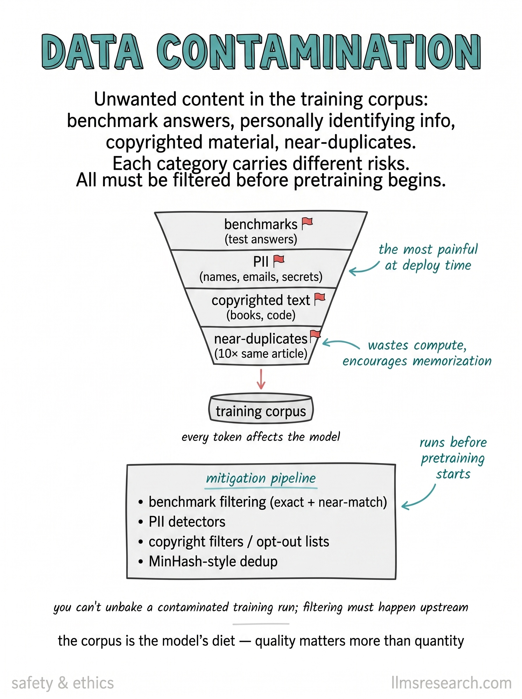 Unwanted content in the training corpus: benchmark answers, personally identifying info, copyrighted material, near-duplicates. Each category carries different risks. All must be filtered before pretraining begins.
