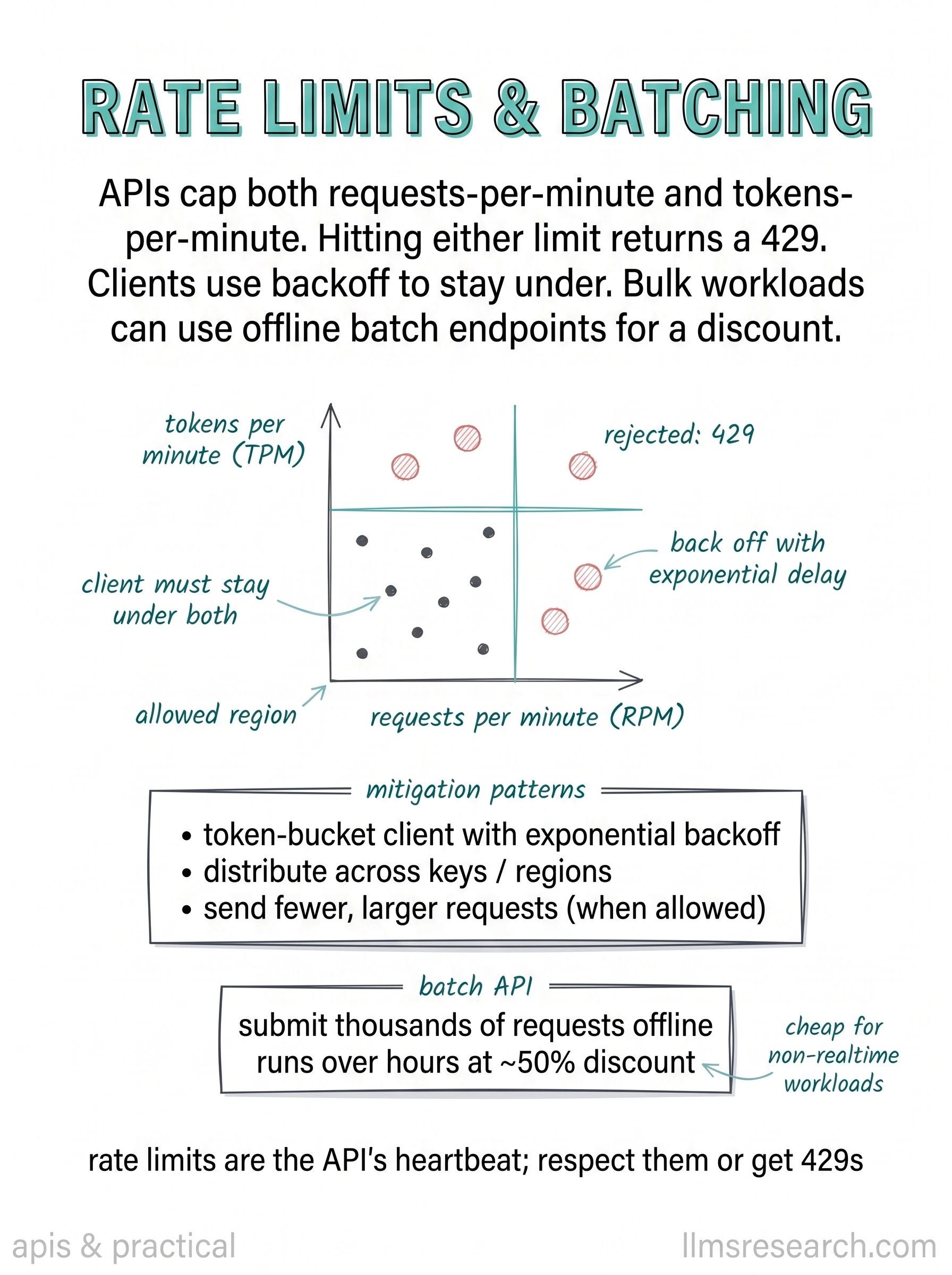 Providers cap both requests per minute and tokens per minute. Exceeding either limit yields 429 responses. Clients backoff to stay under both axes, and bulk work can move to discounted batch endpoints.