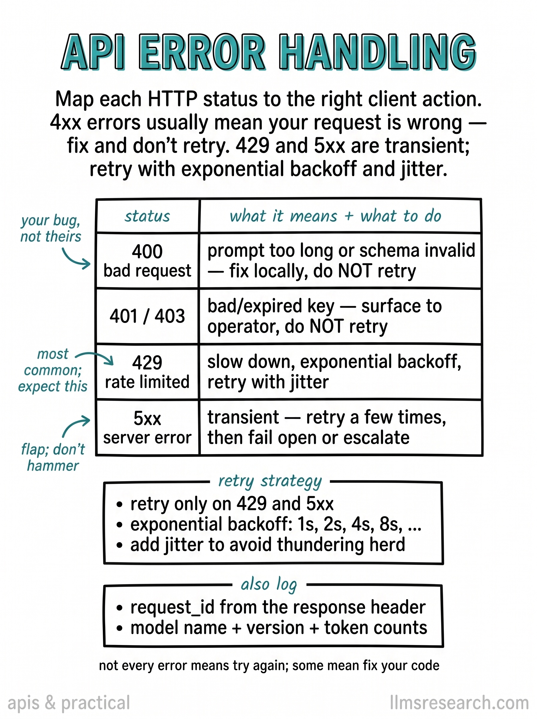 HTTP status codes from LLM APIs map to different client actions. Fix 4xx locally without retrying; treat 429 and 5xx as transient and retry with exponential backoff and jitter.