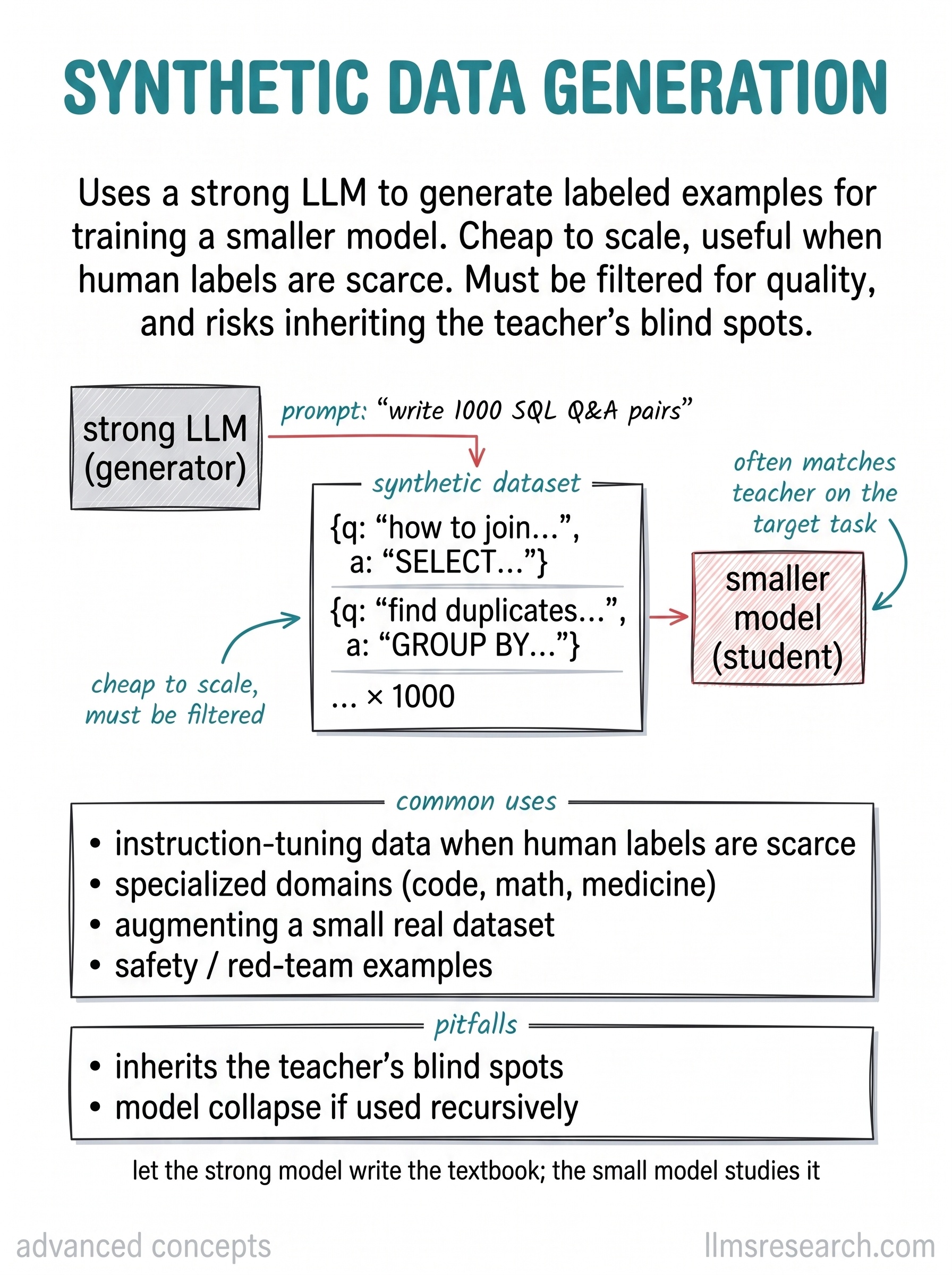 Using a strong model to generate labeled training examples for a smaller one. Cheap to scale when human labels are scarce, but it inherits the teacher's blind spots.