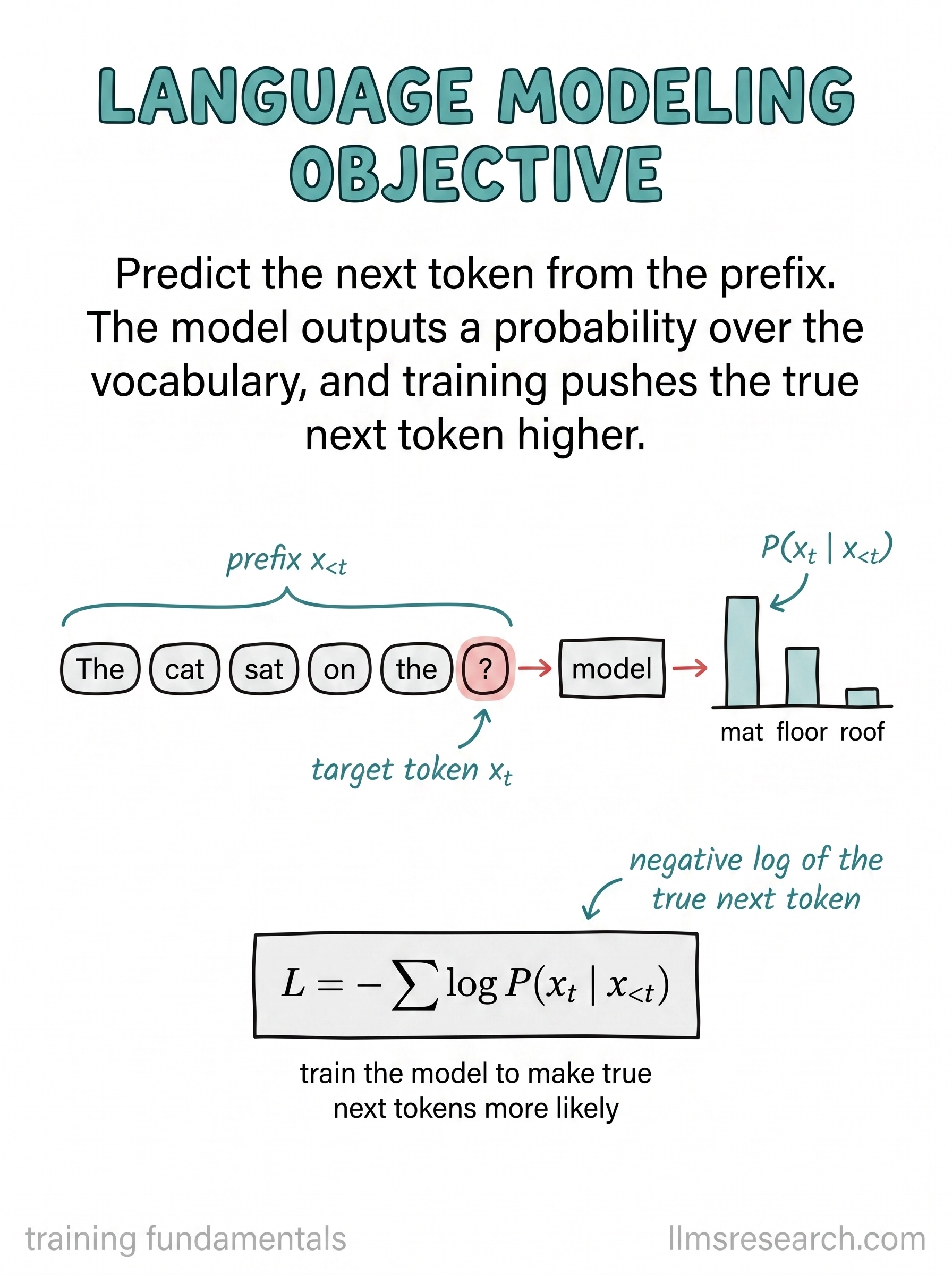 Language models are trained to predict the next token from the preceding ones, minimizing the negative log-likelihood of the true next token.